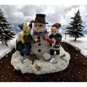Vintage Children Building a Snowman Figurine Christmas Village Winter Scene
